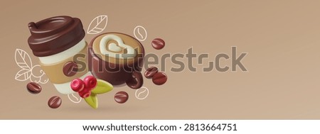 Coffee background in a 3d style with cappuccino, espresso cup, coffee beans and berries. Cafe and roasting concept poster design. High quality scalable vector illustration. 