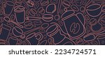 Coffee background. Abstract graphic cup, cerve, bean. Art line vector illustration on black background. Aroma drink