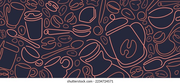 Coffee background. Abstract graphic cup, cerve, bean. Art line vector illustration on black background. Aroma drink