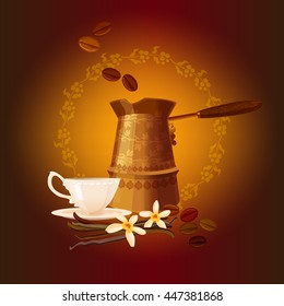 Coffee background with beans and cezve. There are white flowers near the cup.