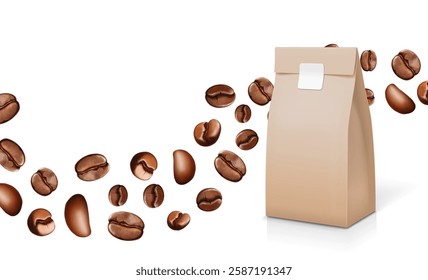 Coffee background. Coffee beans roasted flying and coffee paper package box on white background. Advertising arabica Illustration