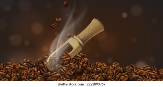Coffee background. Coffee beans, scoop and rising smoke. The effect of transparency. 3D vector. High detailed realistic illustration