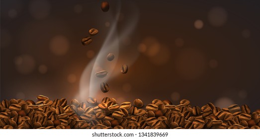 Coffee background. Coffee beans and transparent smoke. 3D vector. High detailed realistic illustration.