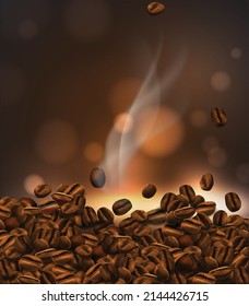 Coffee background. Coffee beans and transparent smoke. 3D vector. High detailed realistic illustration.