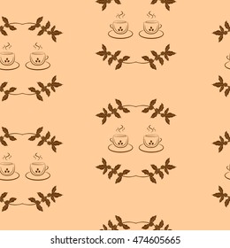  coffee background with branch of coffee and coffee cups. Hand drawn illustration in sketch style. Menu design for cafe and restaurant. Seamless pattern.