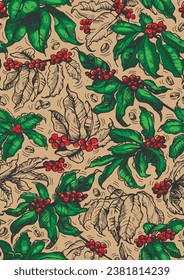 Coffee background. Branches with leaves and berries. Seamless Vector Illustration. Botanical line art. Foliage with fruits. Vector hand-sketched old book style artwork. 