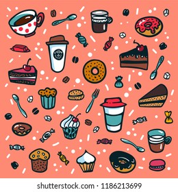 Coffee background. Colorful doodle style cartoon set of objects on coffee theme. Coffee cups and desserts on pink background. Exellent for menu design and cafe decoration. Vector illustration
