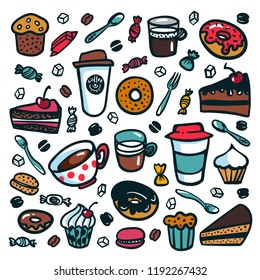 Coffee background. Colorful doodle style cartoon set of objects on coffee theme. Coffee cups and desserts on white background. Exellent for menu design and cafe decoration. Vector illustration