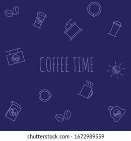 Coffee background concept - sketch illustration about coffee time. Vector coffee background with sketch illustration of cup, pot, glass, for Cafe menu