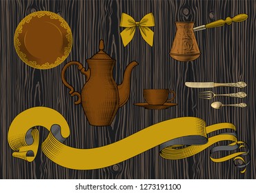 Kaffeehintergrund. Tasse Kaffee, Löffel, Kaffeekanne, arabischer Schilf. Kaffeekonzept. Vintage Gravur stilisierte Zeichnung. Vektorgrafik