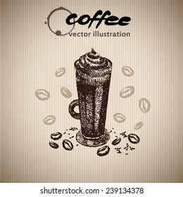 Coffee background, Cup of coffee, coffee stain, Grunge glass, drawing hand,watercolor, vector illustration.