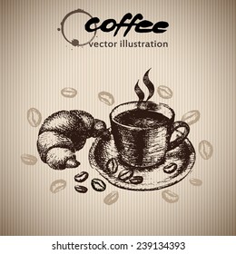 Coffee background, Cup of coffee, coffee stain, Grunge glass, drawing hand,watercolor, vector illustration.
