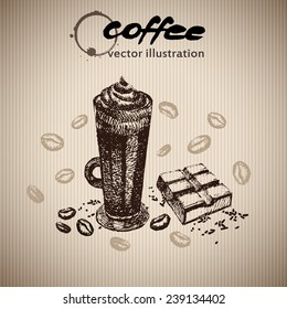 Coffee background, Cup of coffee, coffee stain, Grunge glass, drawing hand,watercolor, vector illustration.