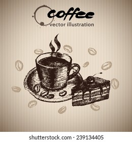 Coffee background, Cup of coffee, coffee stain, Grunge glass, drawing hand,watercolor, vector illustration.