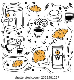 Coffee background design with hand drawn of coffee cup and espresso coffee maker design. doodle art of coffee design