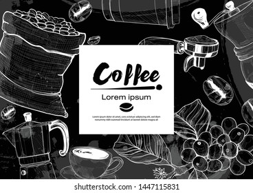 coffee background design on black background. drawing vector. sketch