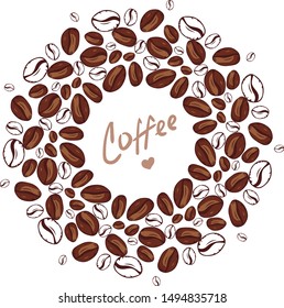 Coffee. Background with drop, coffee beans and place for your text. Menu for restaurant, cafe, bar, coffee shop, tea-house. Brown pattern. Many flying coffee beans. Circle shape vector