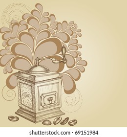Coffee background, hand drawn grinder and coffee beans