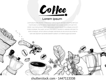 coffee background with hand drawn illustration of coffee element. drawing vector. sketch