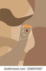 Coffee background. Hand hold takeaway paper cup with hot beverage. Espresso or cappuccino poster, abstract background. Social media story cover design, vector one line illustration