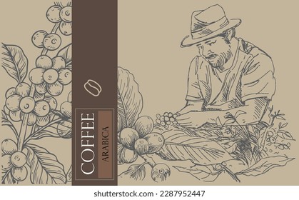 coffee background of ink drawing sketch for label coffee sticker packaging. coffee label sticker for packaging. coffee poster vintage promotion