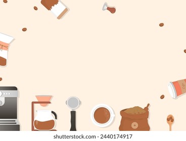 Coffee background. Coffee machine with tools and utensils for making coffee on a beige background.