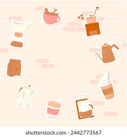 Coffee background. Coffee maker and drinks sticker style in round composition with brick wall pattern. 