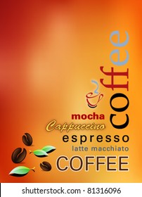 Fondo del café - cubierta moderna de un menú de café con granos de café, sol abstracto, hojas y palabras - ilustración vectorial