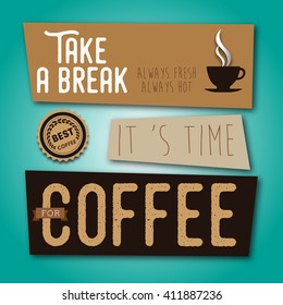 Coffee background poster card. its time for coffee, take a break, coffee papercut mug, vintage poster, Vector image