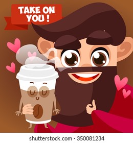 Coffee background poster card. Vector image. Cappuccino, cocoa. Hot drink. Vector illustration of comic characters man. 