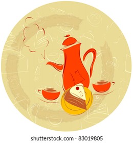 coffee background - coffee pot, cup and cake