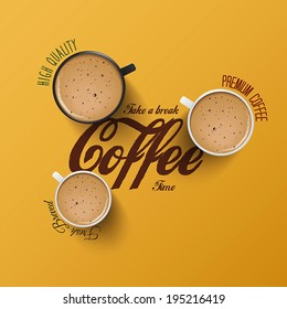 Coffee  background with realistic cup of coffee. Vector