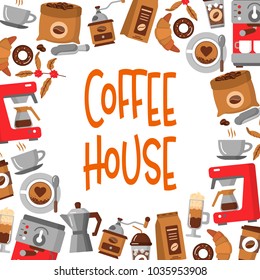 Coffee background. Round border frame. Coffee pot, cup, grinder, beans, stains and dessert. Colorful template for your design. Flat style Vector
