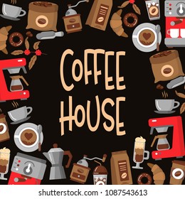 Coffee background. Round border frame. Coffee pot, cup, grinder, beans, stains and dessert. Colorful template for your design. Flat style Vector