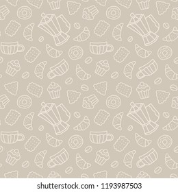 Coffee background. Seamless pattern with coffee pots, cups, croissants, cupcakes and beans. Wallpaper for decoration café interior or menu.