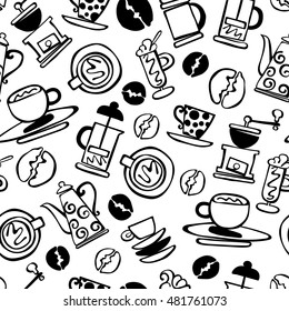 Coffee background. Coffee. Set. Coffee and coffee cup. Seamless vector pattern (background).