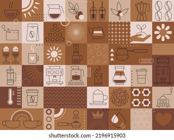 Coffee background. Set of coffee signs, icons, symbols for menu design. Cappuccino, americano, espresso, mocha, latte. Various coffee drinks set. Cups, beans and coffee makers. Broun design svg