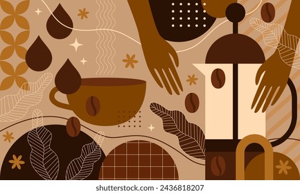 Coffee background. Set of coffee signs, icons, symbols for menu design. Cappuccino, americano, espresso, mocha, latte. Various coffee drinks set. Cups, beans and coffee makers. Broun design