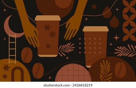 Coffee background. Set of coffee signs, icons, symbols for menu design. Cappuccino, americano, espresso, mocha, latte. Various coffee drinks set. Cups, beans and coffee makers. Broun design