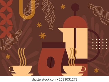 Coffee background. Set of coffee signs, icons, symbols for menu design. Cappuccino, americano, espresso, mocha, latte. Various coffee drinks set. Cups, beans and coffee makers. Broun design