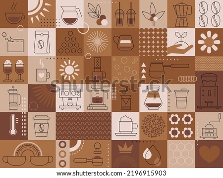 Coffee background. Set of coffee signs, icons, symbols for menu design. Cappuccino, americano, espresso, mocha, latte. Various coffee drinks set. Cups, beans and coffee makers. Broun design