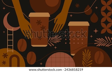 Coffee background. Set of coffee signs, icons, symbols for menu design. Cappuccino, americano, espresso, mocha, latte. Various coffee drinks set. Cups, beans and coffee makers. Broun design