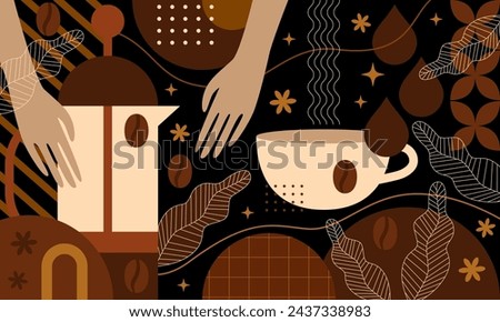 Coffee background. Set of coffee signs, icons, symbols for menu design. Cappuccino, americano, espresso, mocha, latte. Various coffee drinks set. Cups, beans and coffee makers. Broun design