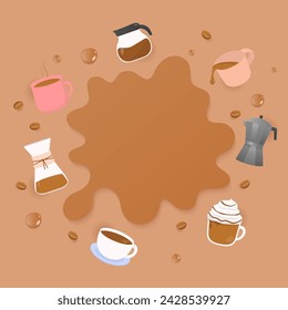 Coffee background. Coffee splash with hot drinks, coffee beans, and coffee maker on a brown background.