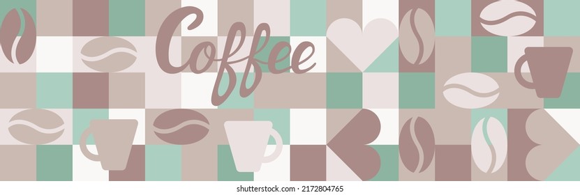 Coffee background for textiles and wallpapers with geometric shapes. Trendy template for a screensaver in brown colors with a texture of squares and hearts.