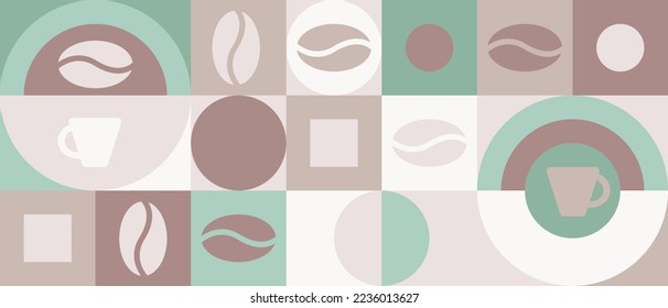 Coffee background for textiles and wallpapers with geometric shapes. Trendy template for a screensaver in brown colors with a texture of squares and hearts.