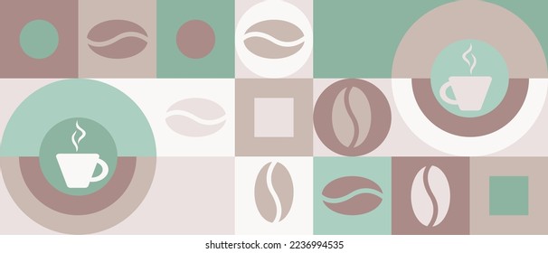 Coffee background for textiles and wallpapers with geometric shapes. Trendy template for a screensaver in brown colors with a texture of squares and hearts.