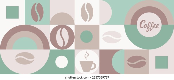 Coffee background for textiles and wallpapers with geometric shapes. Trendy template for a screensaver in brown colors with a texture of squares and hearts.