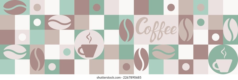 Fondo de café para tejidos y tapicería con formas geométricas. Plantilla de moda para un salvapantallas en colores marrones con una textura de cuadrados y corazones.