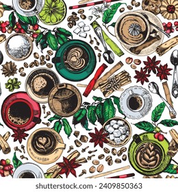 Coffee background vector. Colorful vector endless pattern of caffeine hot drinks in mug, glass, cup. Top view engraving style cute coffee beverages with spoons, sugar sticks, spices, pastries, flowers